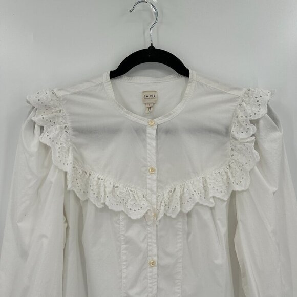 REBECCA TAYLOR La Vie White Ruffle Lace Cottagecore Wide Sleeve Blouse Large - Picture 3 of 8